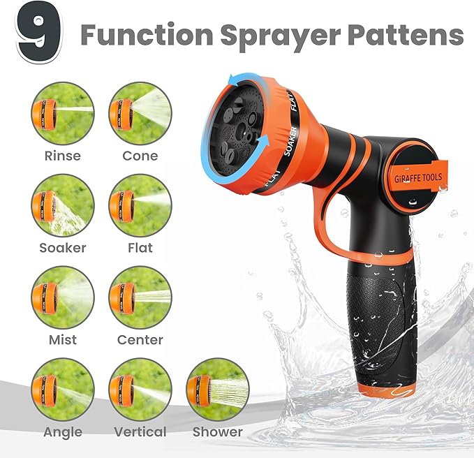 Giraffe Tools Garden Hose 100ft x 5/8", 304 Stainless Steel Metal Water Hose, No Kink Garden Water Hose with 9 Pattern Spray Nozzle, Flexible, Lightweight, Kink Free Hose for Yard, Outdoor