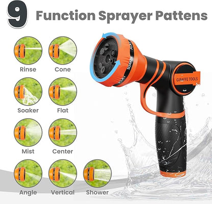Giraffe Tools Garden Hose 100ft x 5/8", 304 Stainless Steel Metal Water Hose, No Kink Garden Water Hose with 9 Pattern Spray Nozzle, Flexible, Lightweight, Kink Free Hose for Yard, Outdoor