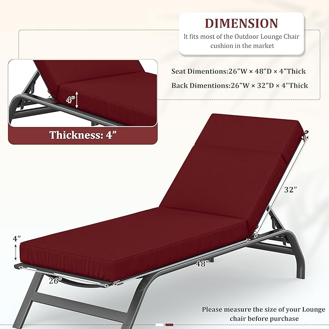 Chaise Lounge Cushions Outdoor, 80" L X 26" W X 4" D Lounge Chair Cushions for Outdoor Furniture, High-Density Foam Outdoor Chaise Cushion-Waterproof Fade-Resistant ThickPatio lounge chair cushion
