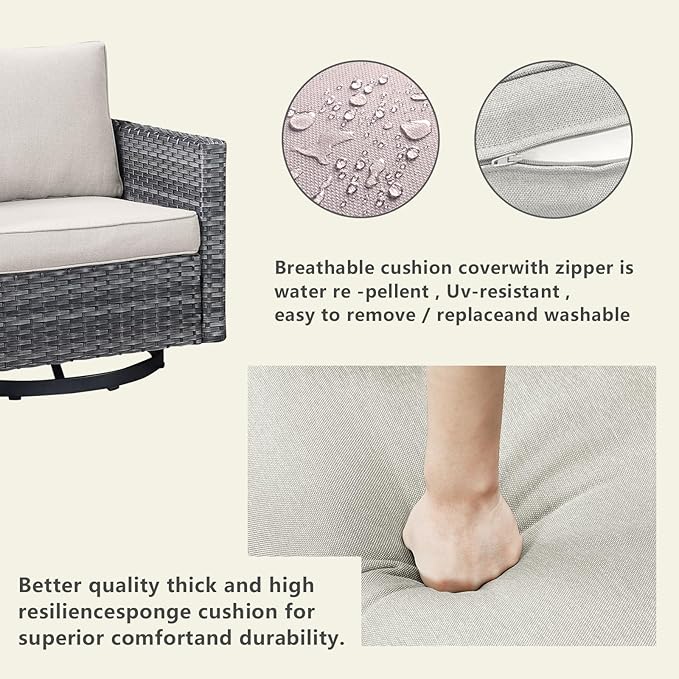 Wicker Outdoor Patio Furniture Set - 5 Piece Patio Conversation Set with 2 Swivel Rocker Chairs,2 Rattan Ottoman and 1 Metal Side Table for Outside Porch Deck Backyard Garden(Mixed Grey/Beige)