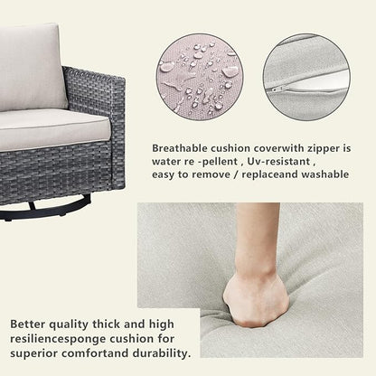 Wicker Outdoor Patio Furniture Set - 5 Piece Patio Conversation Set with 2 Swivel Rocker Chairs,2 Rattan Ottoman and 1 Metal Side Table for Outside Porch Deck Backyard Garden(Mixed Grey/Beige)