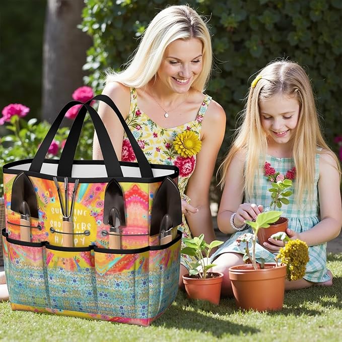 Boho Garden Tool Bag - Waterproof Floral Garden Tote with 8 Pockets, Large Storage Home Organizer Gardening Tool Oxford Bag for Garden Tools Kits Holder, Ideal Outdoor Gardening Gift for Women & Men