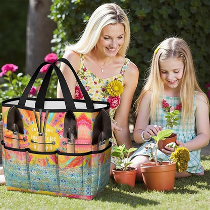 Boho Garden Tool Bag - Waterproof Floral Garden Tote with 8 Pockets, Large Storage Home Organizer Gardening Tool Oxford Bag for Garden Tools Kits Holder, Ideal Outdoor Gardening Gift for Women & Men