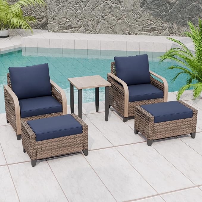 Modern Wicker Bistro Table and Chairs Set, Rattan Outdoor Bistro Set with Patio Chairs, Ottomans & Table, 5 Pieces, Brown/Blue