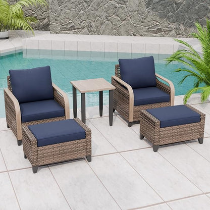 Modern Wicker Bistro Table and Chairs Set, Rattan Outdoor Bistro Set with Patio Chairs, Ottomans & Table, 5 Pieces, Brown/Blue