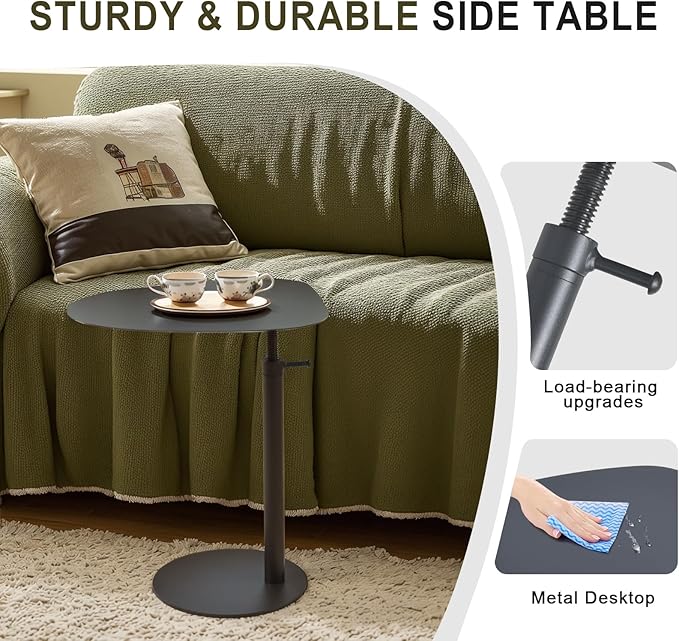 C Table End Table,Tray Metal Sofa Side Table, Accent Coffee Table, Waterproof and Anti-Rust Outdoor&Indoor Snack Table (Model A Adjustable, Black)