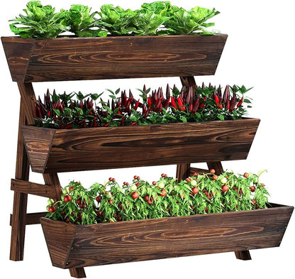 Vertical Wooden Raised Garden Bed, Garden Planters Freestanding Wood Plant Stand Flower Rack Wooden Planter Box for Plants Herbs Flowers Vegetables Outdoor Indoor Gardening (3-Tier Large Carbonized)