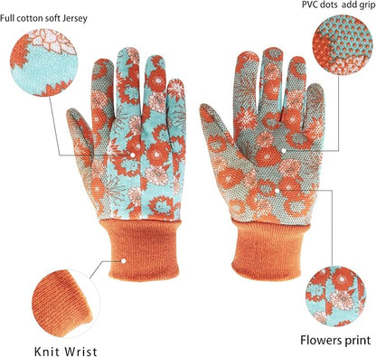 HANDLANDY 4 Pairs Women Garden Gloves, Cotton Ladies Soft Jersey Gardening Gloves with PVC Dots, Floral Yard Work Gloves