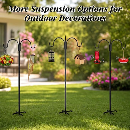 FEED GARDEN Heavy Duty Shepherds Hook 76" Double Hooks Adjustable (44/60/76") - Alloy Steel 5-Prong Base, 17lb Capacity - Easy Assembly Bird Feeder Pole for Hanging Planters, Lanterns, Wind Chimes