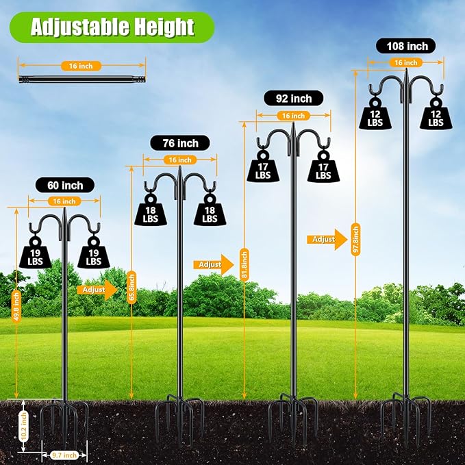 Gtongoko Bird Feeder Pole for Outdoors Heavy Duty, 77 Inch Double Shepherds Hook with 5-Prong Stable Base, 3/4 Inch Thick Hummingbird Feeder Stand for Hanging Plants, Lanterns, 1 Pack