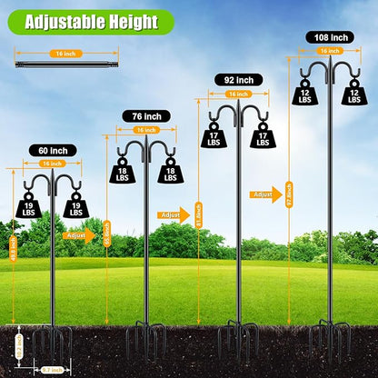 Gtongoko Bird Feeder Pole for Outdoors Heavy Duty, 92 Inch Double Shepherds Hook with 5-Prong Stable Base, 3/4 Inch Thick Hummingbird Feeder Stand for Hanging Plants, Lanterns, 1 Pack