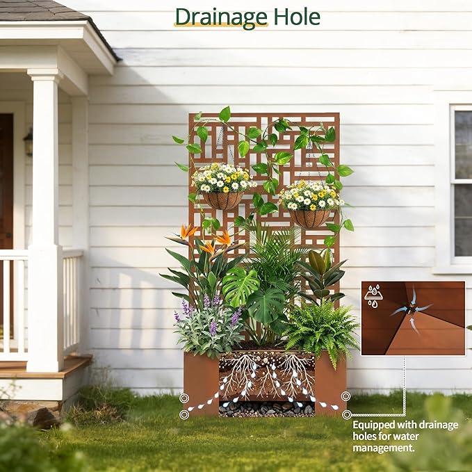 Outvita Metal Planter Box with Trellis, 71’’ x 36’’ x 16’’ Raised Garden Bed with Drainage Holes for Climbing Plants, Vegetables, Vines, Privacy Planters for Patio (Brown)