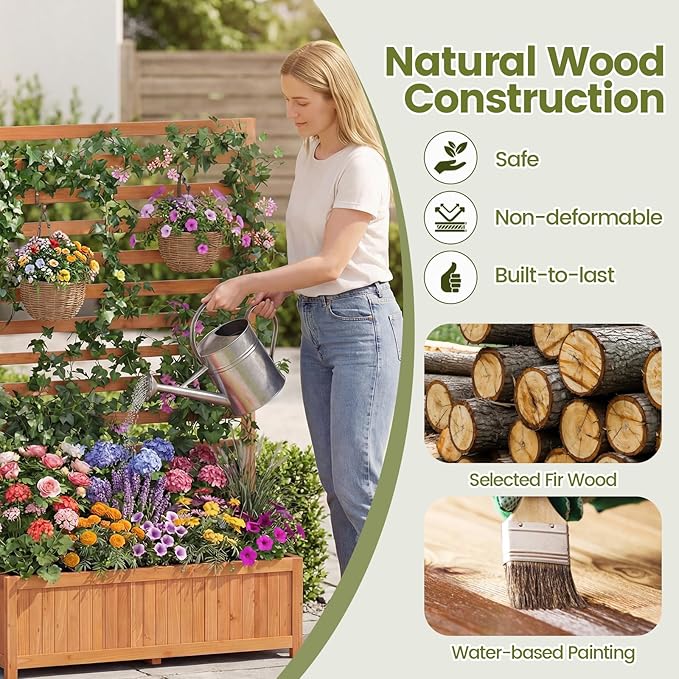 Giantex Raised Garden Bed with Trellis, 59” Tall Planter Box with Liner, Drainage Gaps for Climbing Vine Vegetable Flower, Indoor Outdoor Freestanding Privacy Screen for Porch Patio Yard