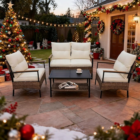 COOS BAY Sunset Haven Outdoor Patio Furniture Set, Outdoor Conversation Set, Rattan Wicker Sofa, Loveseat, 2 Patio Chairs and Coffee Table, Brown/Beige