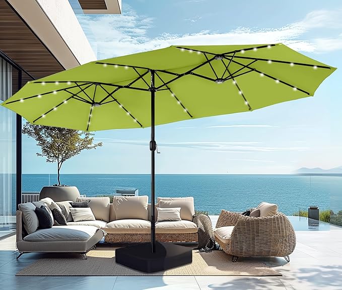 PHI VILLA 15 ft Umbrella Outdoor Patio Solar Lights with Base, Outdoor Double-Sided Large Market Rectangle Umbrellas with 36 LED Lights, Lime Green