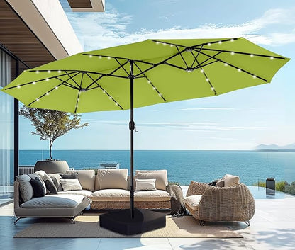 PHI VILLA 15 ft Umbrella Outdoor Patio Solar Lights with Base, Outdoor Double-Sided Large Market Rectangle Umbrellas with 36 LED Lights, Lime Green