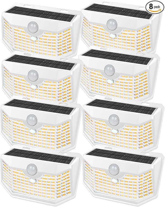 HMCITY 120 LED Solar Lights Outdoor with Motion Sensor and 3 Lighting Modes, IP65 Waterproof Wide Solar Wall Lights Ideal for Garden Patio Yard (Front Button 8Packs, White Shell-Warm White)