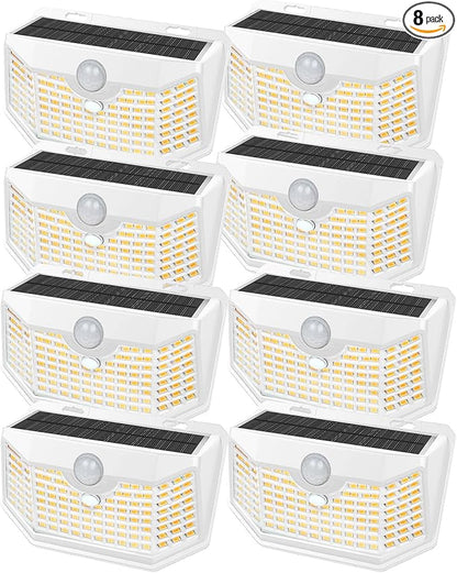 HMCITY 120 LED Solar Lights Outdoor with Motion Sensor and 3 Lighting Modes, IP65 Waterproof Wide Solar Wall Lights Ideal for Garden Patio Yard (Front Button 8Packs, White Shell-Warm White)