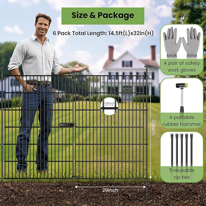Garden Fence Panels with Gate 14.5ft(L) X 32in(H), Garden Fencing for Yard Includes Gloves, Hammer&Zip Ties, Rustproof Metal Wire Temporary No Dig Dog Fence Outdoor for Yard