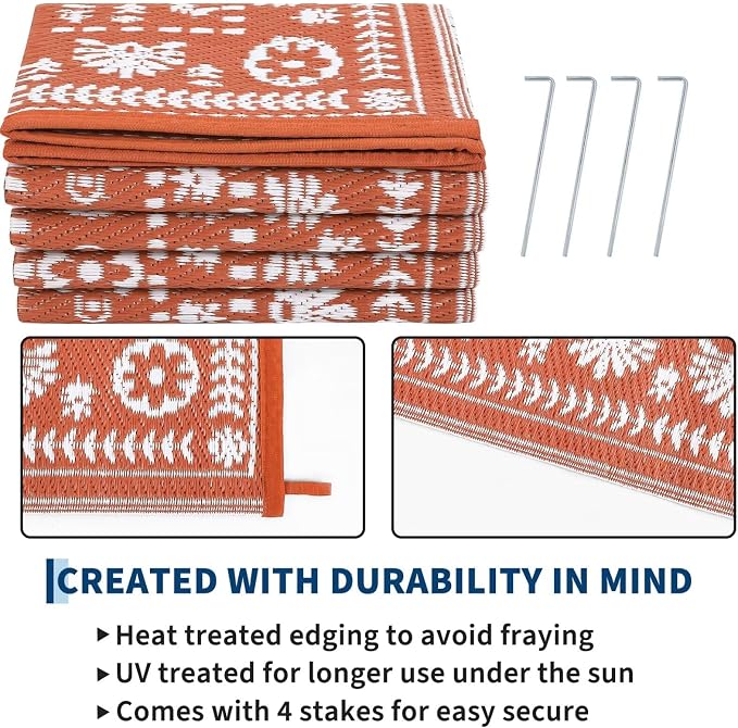Garvee Reversible Outdoor Rug 5x8 for Patio, Waterproof Outdoor Area Rug, Boho Medallion Indoor Outdoor Carpet for Porch, Plastic Straw Rug for RV, Camping, Deck, Vintage Terracotta