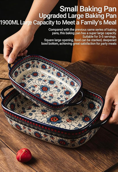 Ceramic Baking Dish with Handles, ceramic bakeware，Hand-painted Polish Pottery Baking Dish Set of 2,Baking Pan Lasagna Pan, Rectangular, Floral Pattern,baking tray Oven Safe 13.22x7.5x2.8 In (blue)