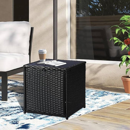 SUNNYPARK Outdoor Umbrella Side Table with 2 Weight Bags, 2-in-1 Patio Table with Umbrella Hole, All-Weather Handwoven PE Rattan Umbrella Base Stand for Deck Yard Garden Balcony Poolside