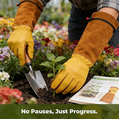 Aegend Long Gardening Gloves, Reinforced Fingertips Cowhide Leather, Elbow-Length Gauntlet Cuff, Breathable & Flexible for Rose Pruning, Planting & Weeding, Fit for Small Hands (Gold Yellow, S)