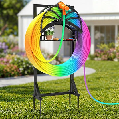 New Upgraded Garden Hose Holder with Storage Basket & Hose Storage Hanger Rack, Heavy-Duty Water Hose Holder Holds 160FT,Garden Hose Hanger Storage Rack for Outside Yard Lawn Farm