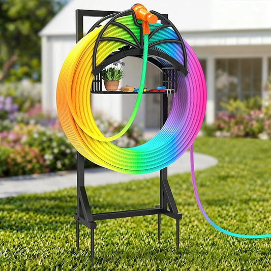 New Upgraded Garden Hose Holder with Storage Basket & Hose Storage Hanger Rack, Heavy-Duty Water Hose Holder Holds 160FT,Garden Hose Hanger Storage Rack for Outside Yard Lawn Farm