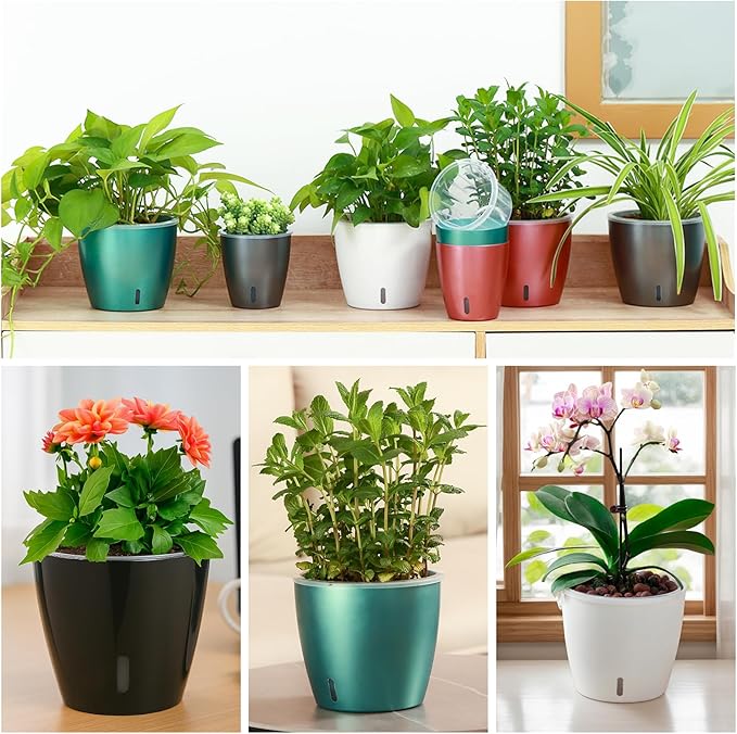 Self Watering Pots for Indoor Plants, 4-Pack 6.7'' Self Watering Planter with Drainage Holes, Small African Violet Pots with Water Indicator, Clear Wick Orchid Pot, Rose Gold