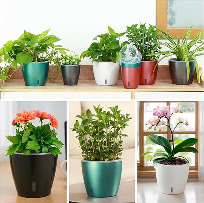 Self Watering Pots for Indoor Plants, 4-Pack 6.7'' Self Watering Planter with Drainage Holes, Small African Violet Pots with Water Indicator, Clear Wick Orchid Pot, Rose Gold