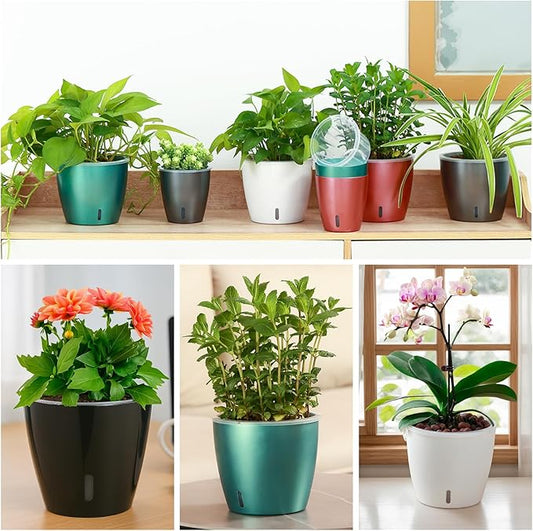 Self Watering Pots for Indoor Plants, 12-Pack 5'' Self Watering Planter with Drainage Holes, Small African Violet Pots with Water Indicator, Clear Wick Pot, White/Black/Blue/Rose Gold