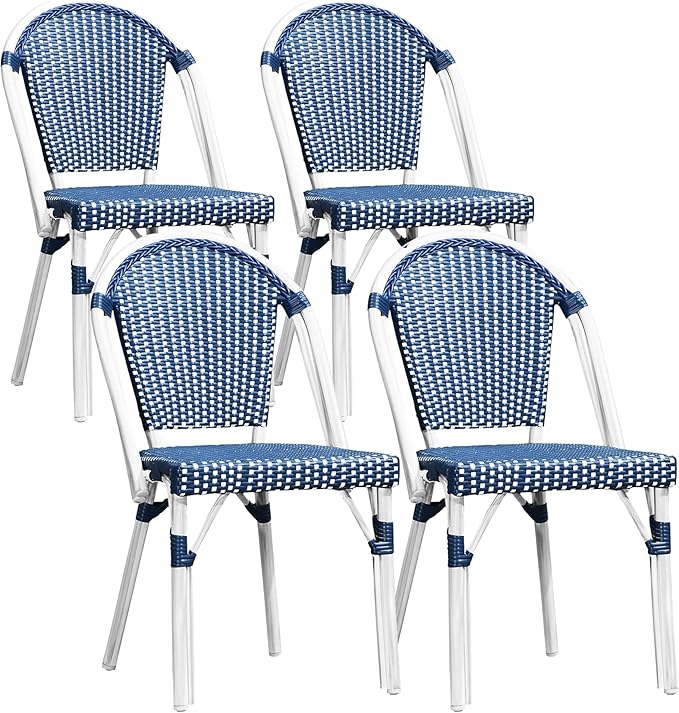 PURPLE LEAF Outdoor Dining Chair Set of 4 Aluminum Frame Wicker Rattan Chairs for Garden Kitchen White Print Finish Patio Chairs Deep Blue French Bistro Chairs