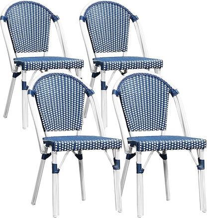 PURPLE LEAF Outdoor Dining Chair Set of 4 Aluminum Frame Wicker Rattan Chairs for Garden Kitchen White Print Finish Patio Chairs Deep Blue French Bistro Chairs