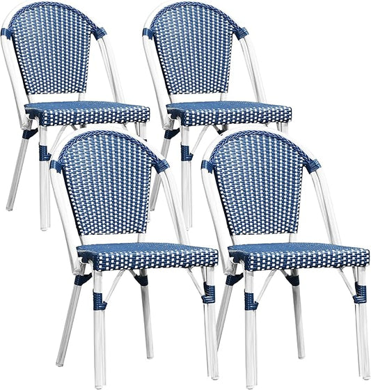PURPLE LEAF Outdoor Dining Chair Set of 4 Aluminum Frame Wicker Rattan Chairs for Garden Kitchen White Print Finish Patio Chairs Deep Blue French Bistro Chairs