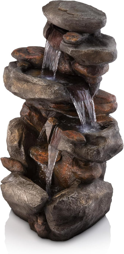 Alpine Corporation | 40" 4-Tier Rock Floor Fountain with Cascading Water & White LED Lights, Tranquil Outdoor Water Feature for Garden, Patio, Yard & Deck, Light Gray
