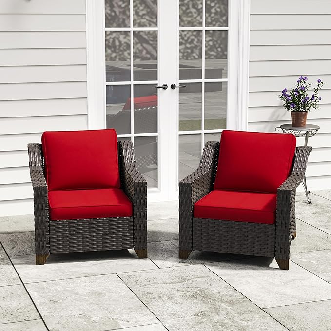Patio 2 Pieces Wicker Chairs Set of 2，Outdoor PE Rattan Armchairs, Water-Resistant Cushions with Removable and Washable Covers, Porch, Balcony, Sunroom (Red)