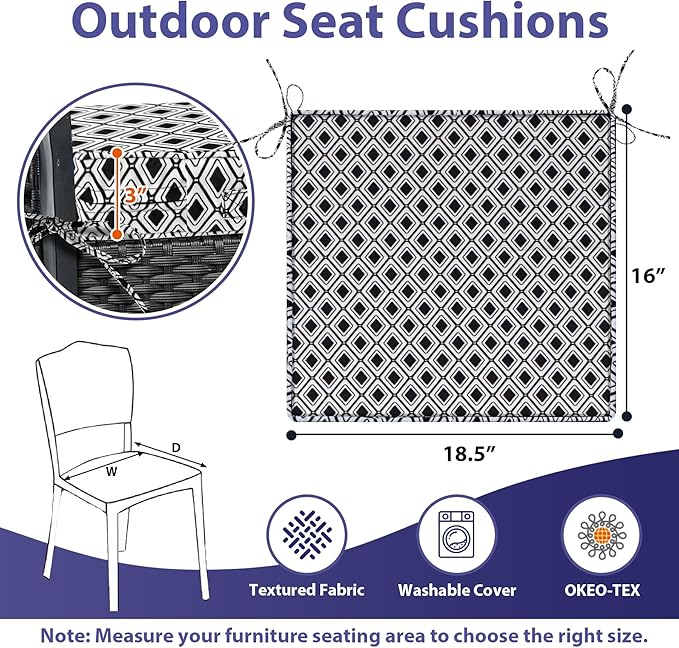 Outdoor Chair Cushions Set of 4,Waterproof Outdoor Seat Cushions for Patio Furniture,Patio Chair Cushion with Handle and Ties, Out Door Chair Pads,18.5" x 16" x 3", Black Geometry