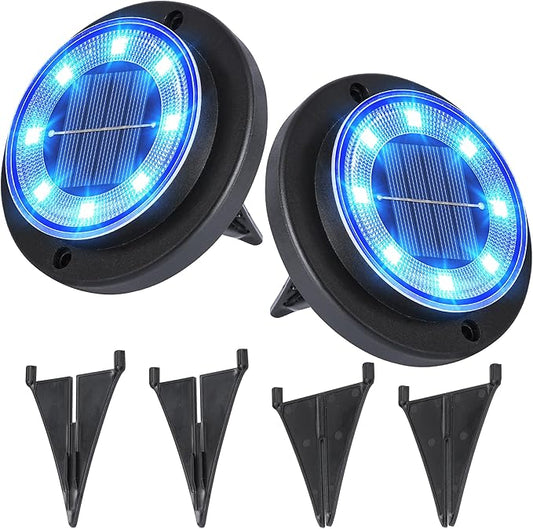 Flacchi Solar Lights Outdoor Waterproof - 2-in-1 Solar Powered Ground Lights Outdoor Solar Disk Light Landscape Light for Deck Step Patio Yard Pathway Walkway Driveway Garden (Blue, 2 Pack)