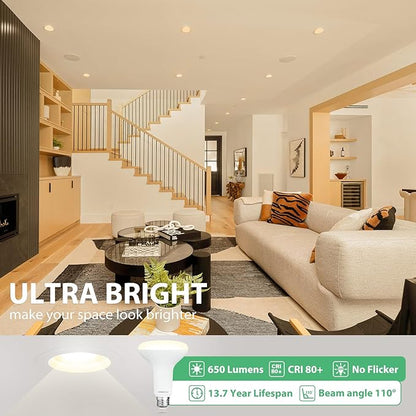 8 Pack BR30 LED Bulb, Dimmable Indoor Flood Lights 7W Equivalent 65W 3000K Warm White, CRI80, 650 LM, E26 Base, 15000 Lifetime Hours, Interior Energy Saving Recessed Light Bulb, Flicker-Free