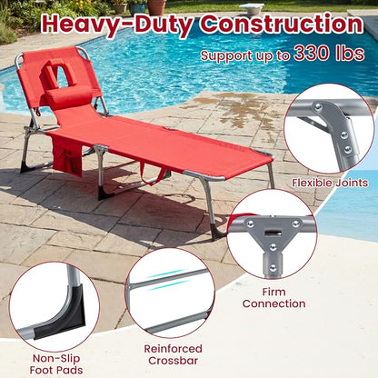 COSTWAY Tanning Chair with Face Hole, Folding Beach Lounge Chair with 4-Position Adjustable Backrest, Pillow & Side Pocket, Foldable Chaise Lounge Chair Outdoor for Sunbathing, Camping (2, Red)