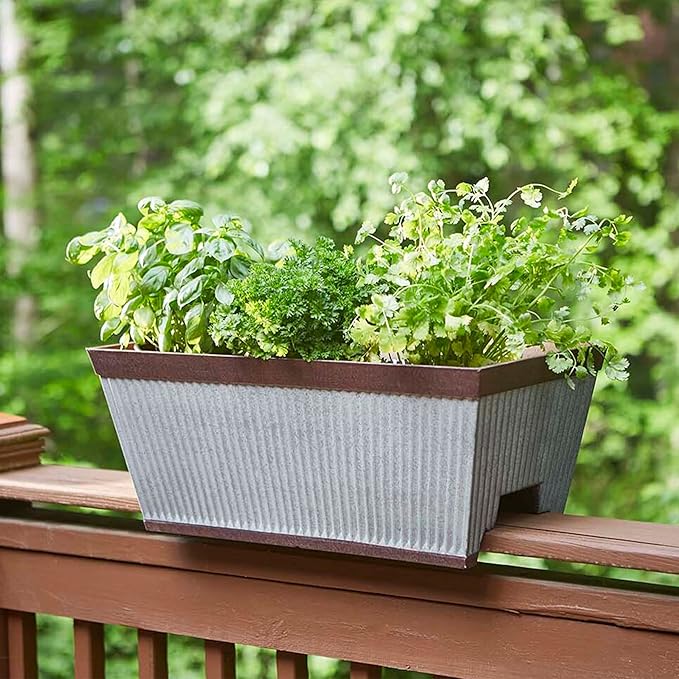Southern Patio 24 Inch Westlake Outdoor Rectangular Deck Rail Textured Resin Garden Flower Herb Planter w/Sun Protectors, Rustic Galvanized