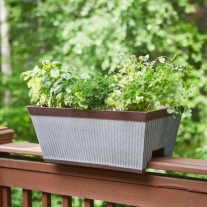 Southern Patio 24 Inch Westlake Outdoor Rectangular Deck Rail Textured Resin Garden Flower Herb Planter w/Sun Protectors, Rustic Galvanized