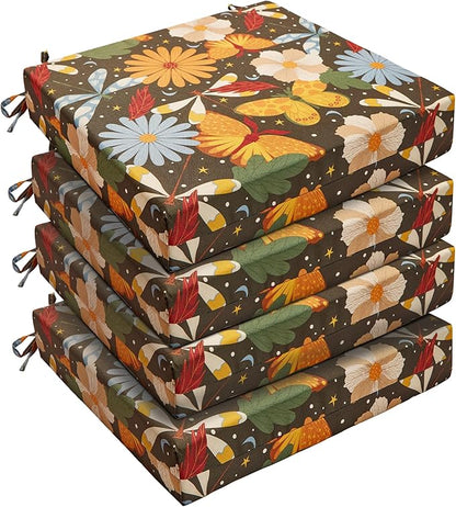 UNIKOME Outdoor Chair Cushions Pack of 4, Water Resistant Patio Cushions with Ties, High Density Sponge Filling Square Corner Seat Cushions for Outdoor Furniture, 24"*24"*4", Flower