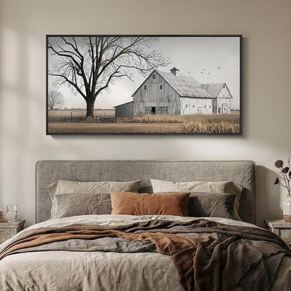 Large Framed Farmhous Wall Art for Living Room, Vintage Rustic Landscape Horizontal Canvas Print, Neutral Country Barn Wall Decor for Bedroom Dining Room Hallway 30x60 Inch