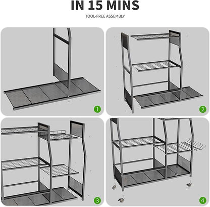 HOTEAGLE Garden Tool Organizer for Garage with 35.4” Width(High Stability), Outdoor Metal Utility Rolling Carts with Mute Wheels & 18.5mm Thick Rods, Easy to Clean, Black