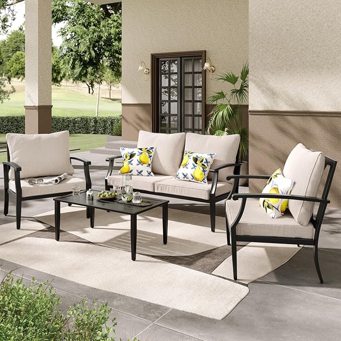 4 Pieces Patio Furniture Set w/loveseat,Coffe Table,Outdoor Conversation Metal Sofa with High Back and Thick Cushion,for Backyard,Garden,Beige