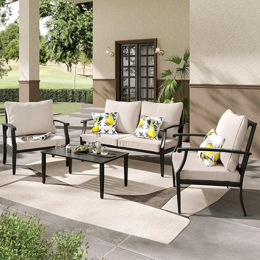 4 Pieces Patio Furniture Set w/loveseat,Coffe Table,Outdoor Conversation Metal Sofa with High Back and Thick Cushion,for Backyard,Garden,Beige