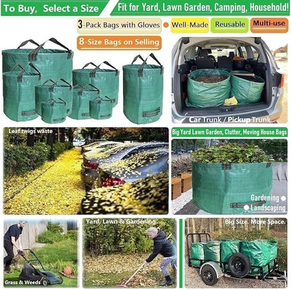 Standard 3-Pack 46 Gallon Lawn Garden Bags (D26,H19 in) Yard Waste Bags with Gardening Gloves for Leaf Bag,Yard Debris,Garden Trash Container,Camping Waste Bin,Lawn Weeds,Grass Clippings Bag 4 Handles