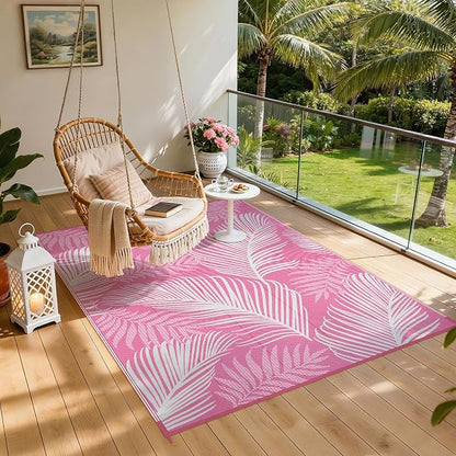 Pauwer Waterproof Outdoor Rug 6x9, Reversible Plastic Straw Patio Camping Rug, Indoor Outdoor RV Mat Carpet for Deck, Camper, Porch, Balcony, Backyard, Picnic, Leaf Pink